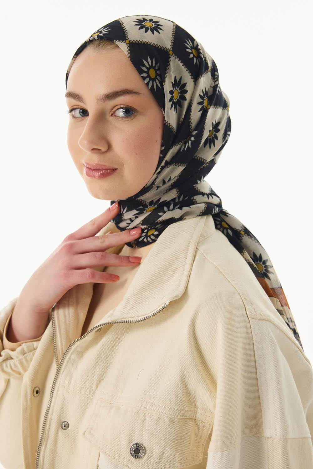 Edna kahve-siyah etnik desen pamuklu şal | Renk: Kahve siyah