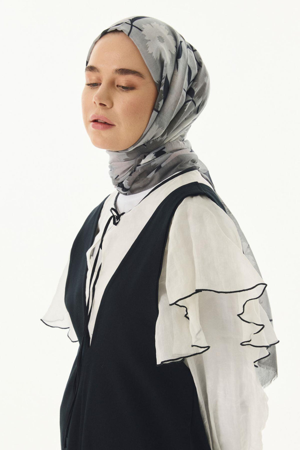 Ella gri çiçek desen pamuklu şal | Renk: Gri
