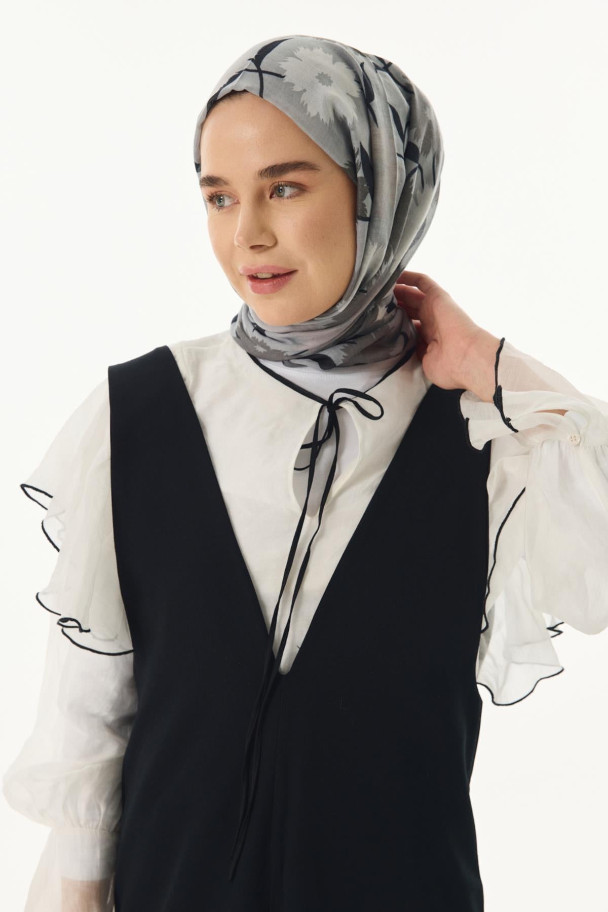Ella gri çiçek desen pamuklu şal | Renk: Gri