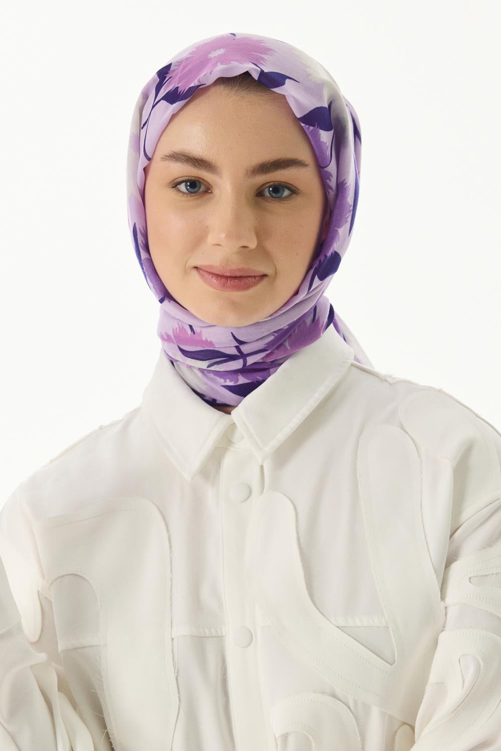 Ella lila çiçek desen pamuklu şal | Renk: Lila