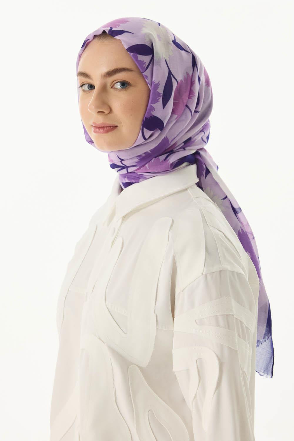 Ella lila çiçek desen pamuklu şal | Renk: Lila