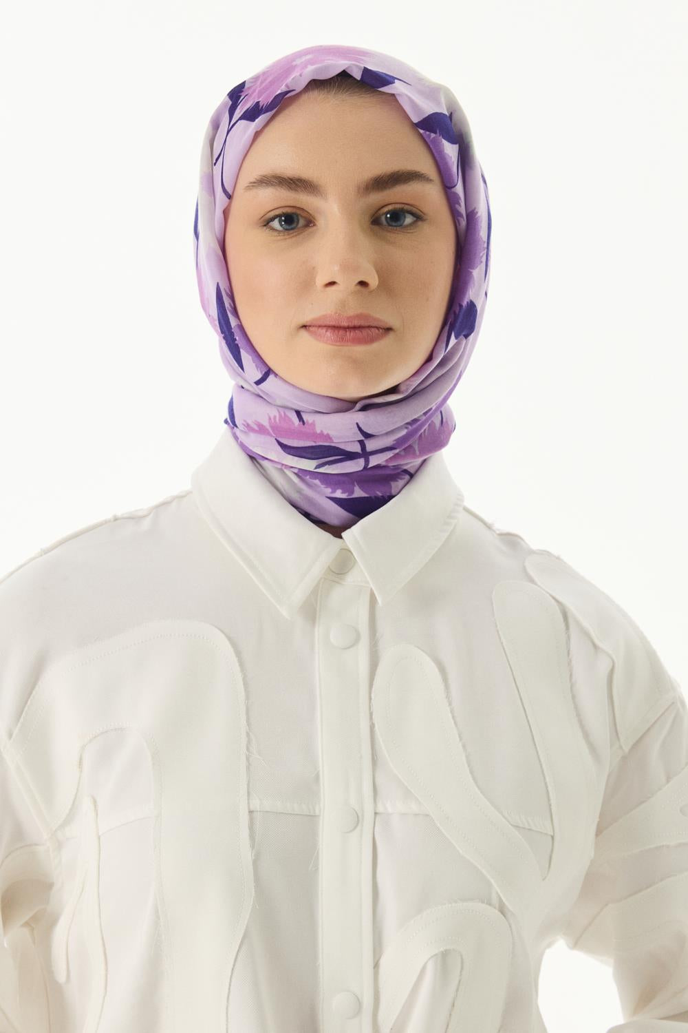Ella lila çiçek desen pamuklu şal | Renk: Lila
