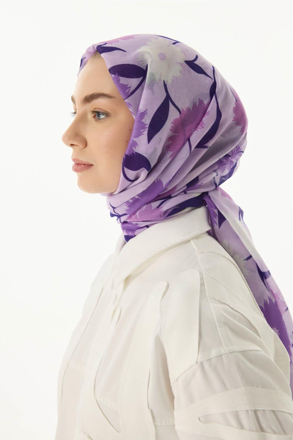 Ella lila çiçek desen pamuklu şal | Renk: Lila