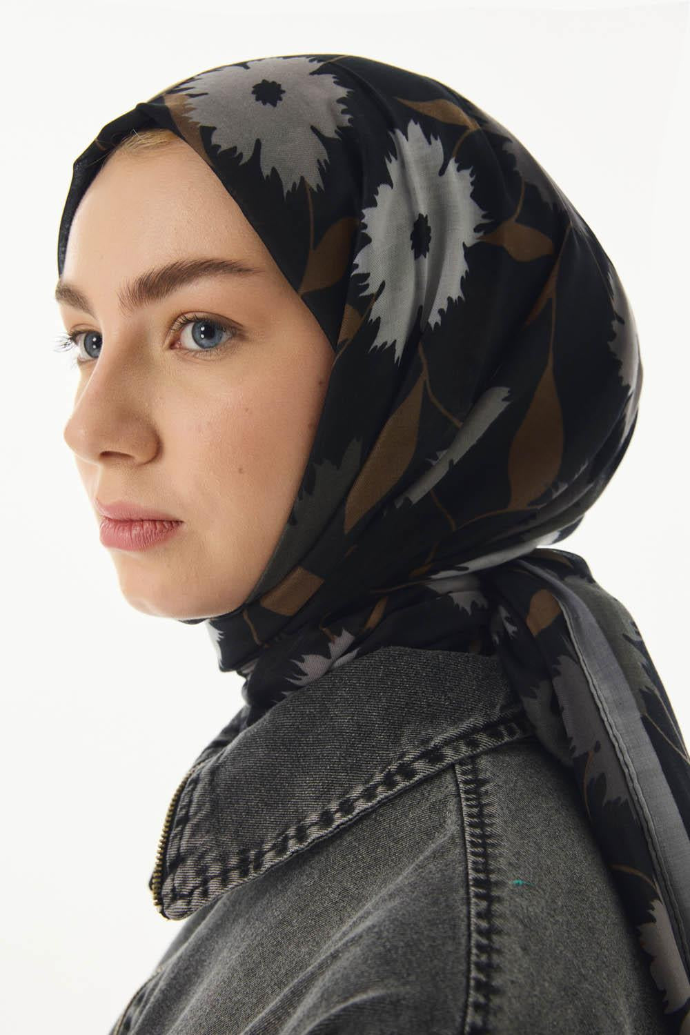 Ella siyah çiçek desen pamuklu şal | Renk: Siyah