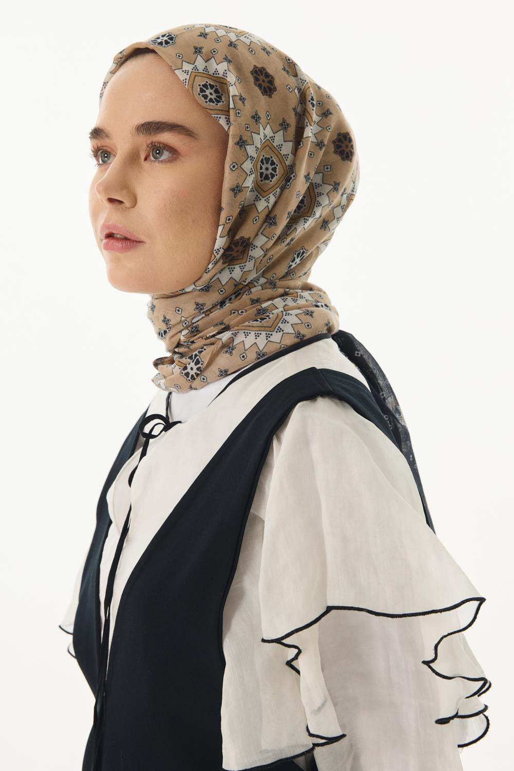 Ember bej-siyah etnik desen pamuklu şal | Renk: Bej siyah