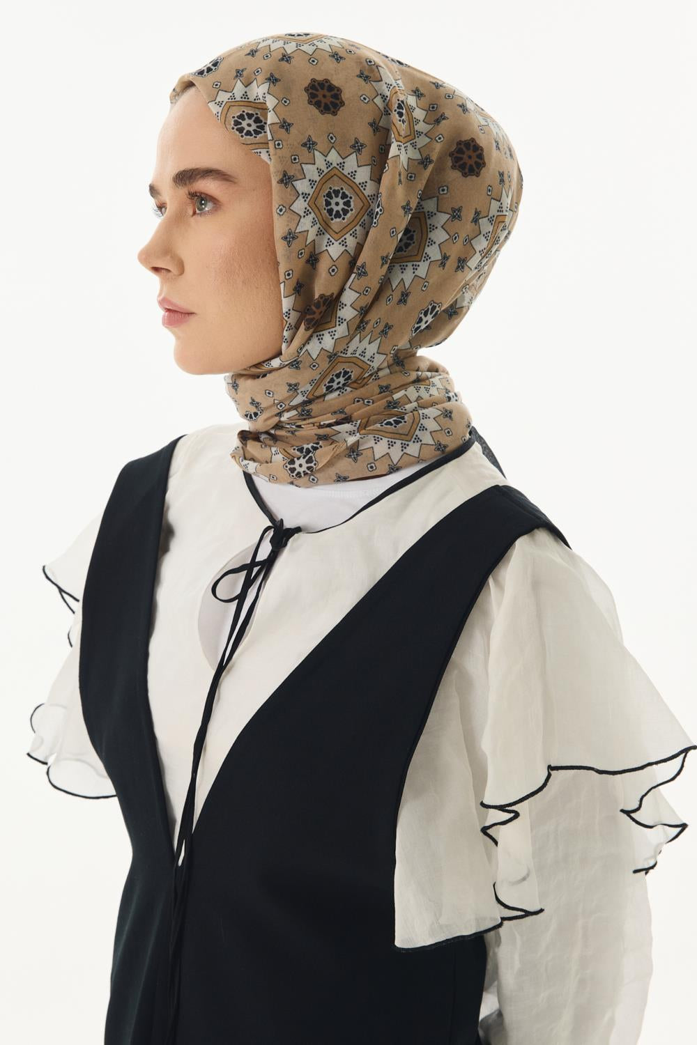 Ember bej-siyah etnik desen pamuklu şal | Renk: Bej siyah
