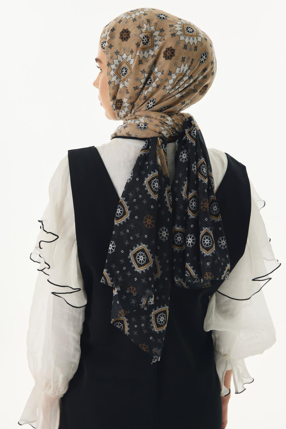 Ember bej-siyah etnik desen pamuklu şal | Renk: Bej siyah