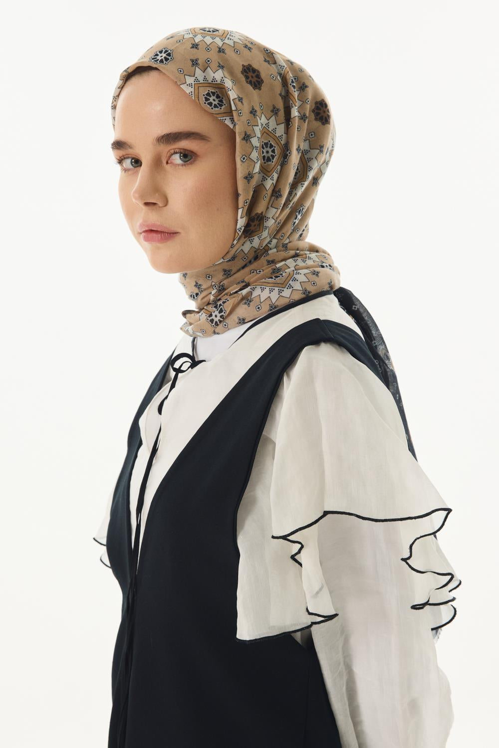 Ember bej-siyah etnik desen pamuklu şal | Renk: Bej siyah