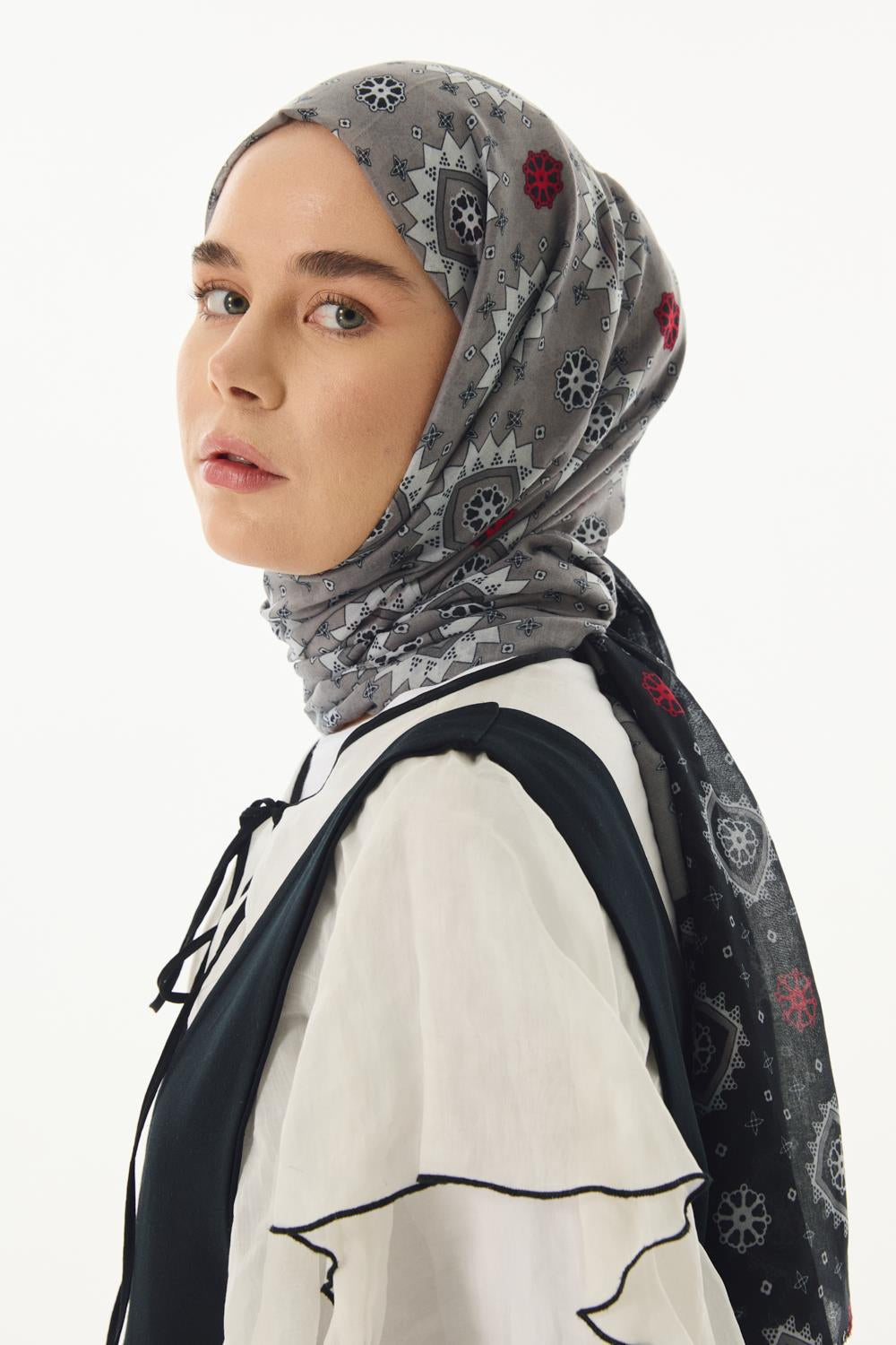 Ember siyah-gri etnik desen pamuklu şal | Renk: Siyah gri