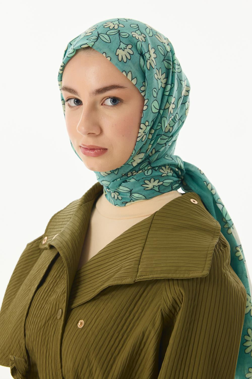 Farah yeşil çizgi karakter desen pamuklu şal | Renk: Yeşil