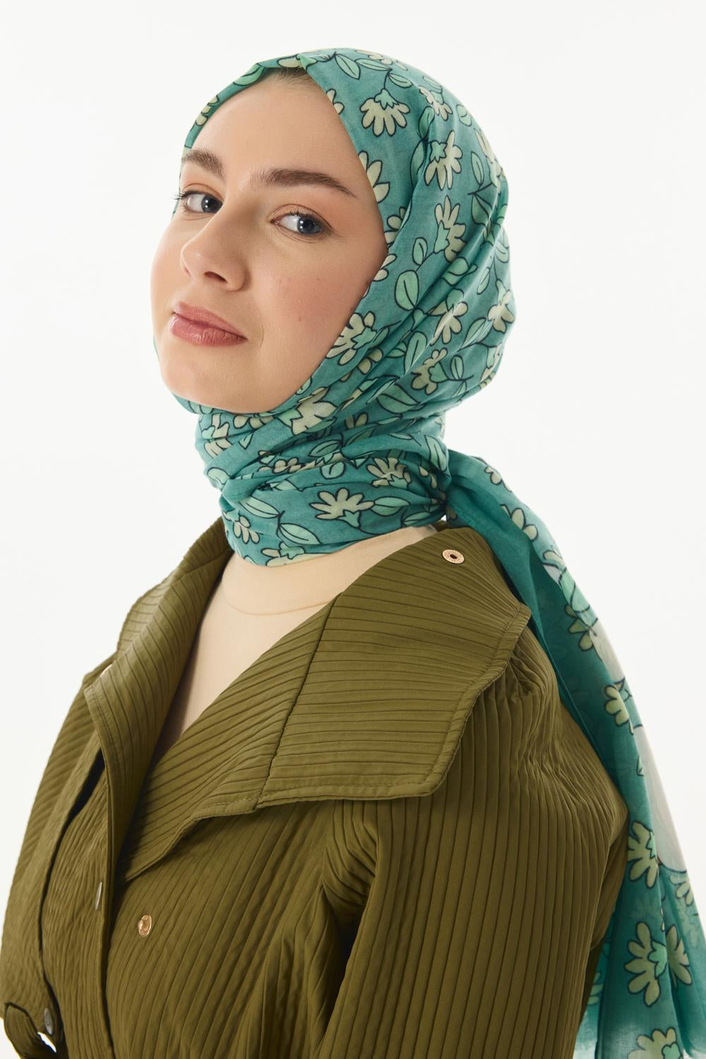 Farah yeşil çizgi karakter desen pamuklu şal | Renk: Yeşil