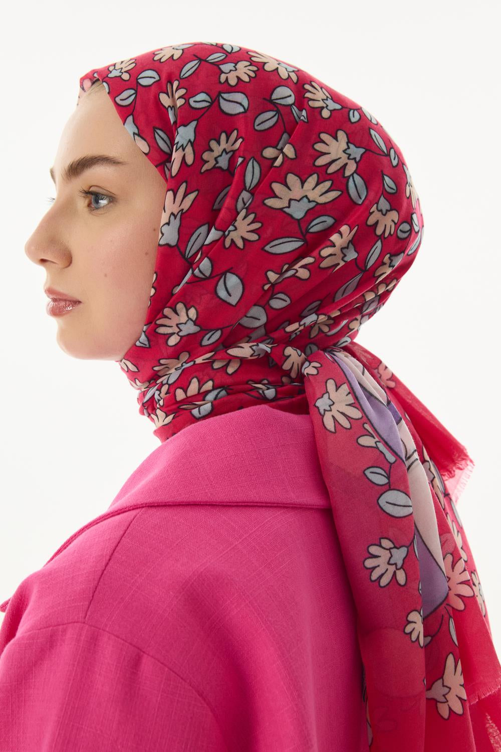 Farah fuşya çizgi karakter desen pamuklu şal | Renk: Fuşya