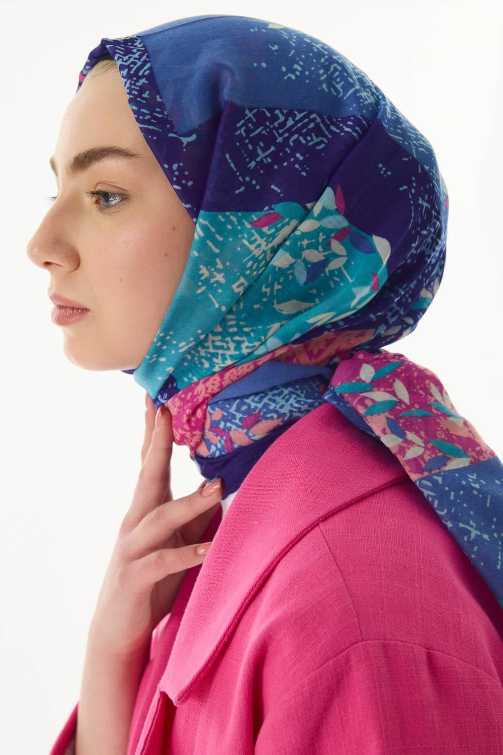 Faylinn saks mavi-fuşya sarmaşık desen pamuklu şal | Renk: Saks mavi fuşya