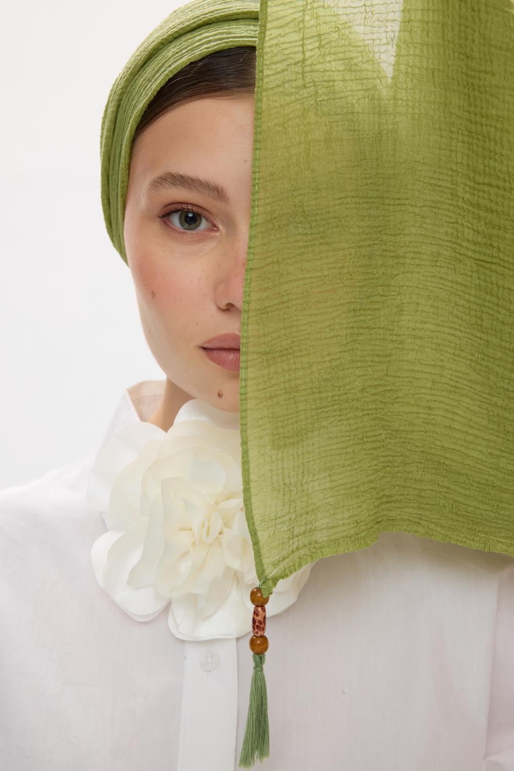 Freya fıstık yeşil müslin püskülü bürümcük pamuklu şal | Renk: Fıstık yeşil