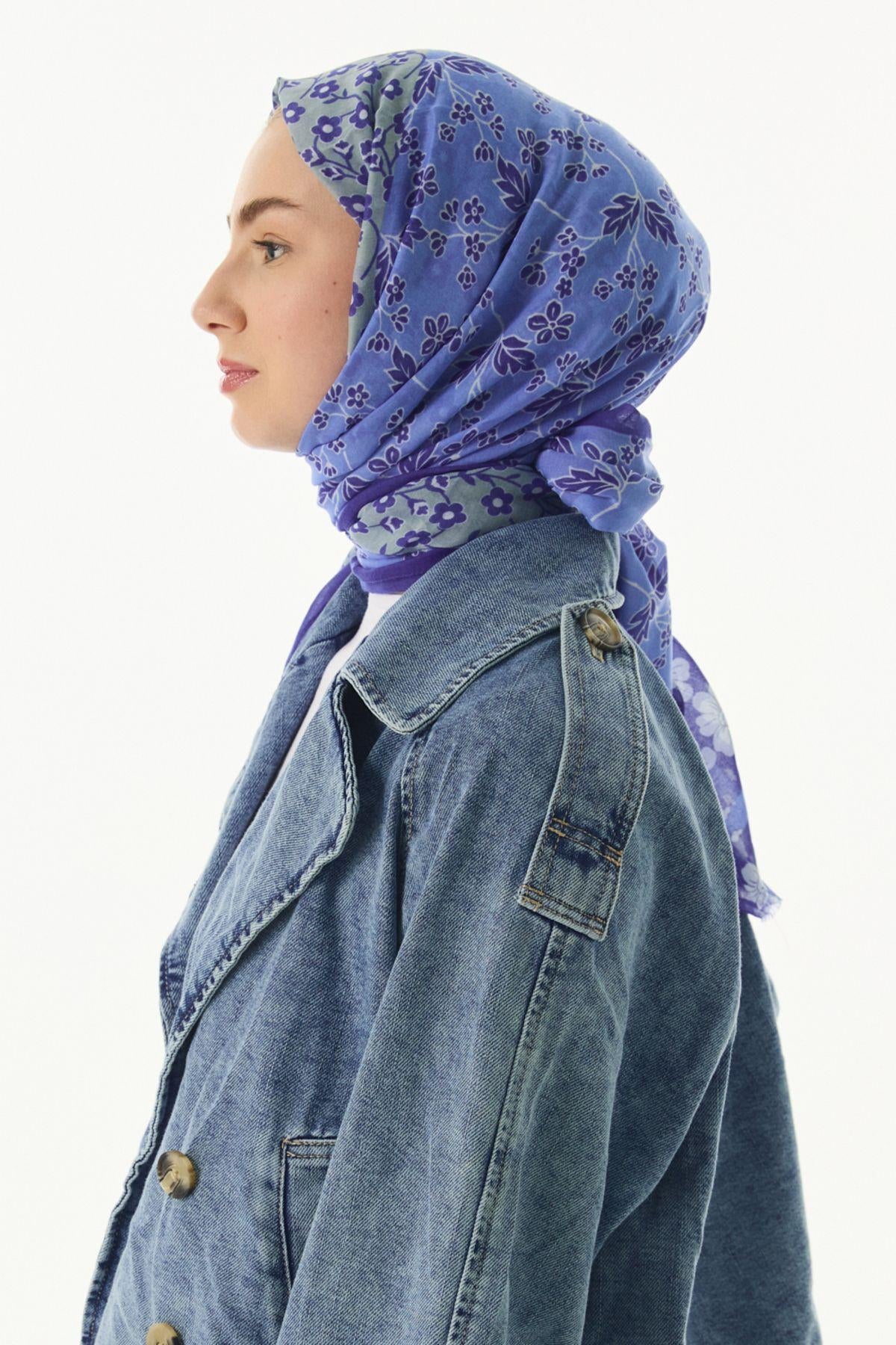 Gemma mavi papatya desen pamuklu şal | Renk: Kırmızı-lacivert-mint