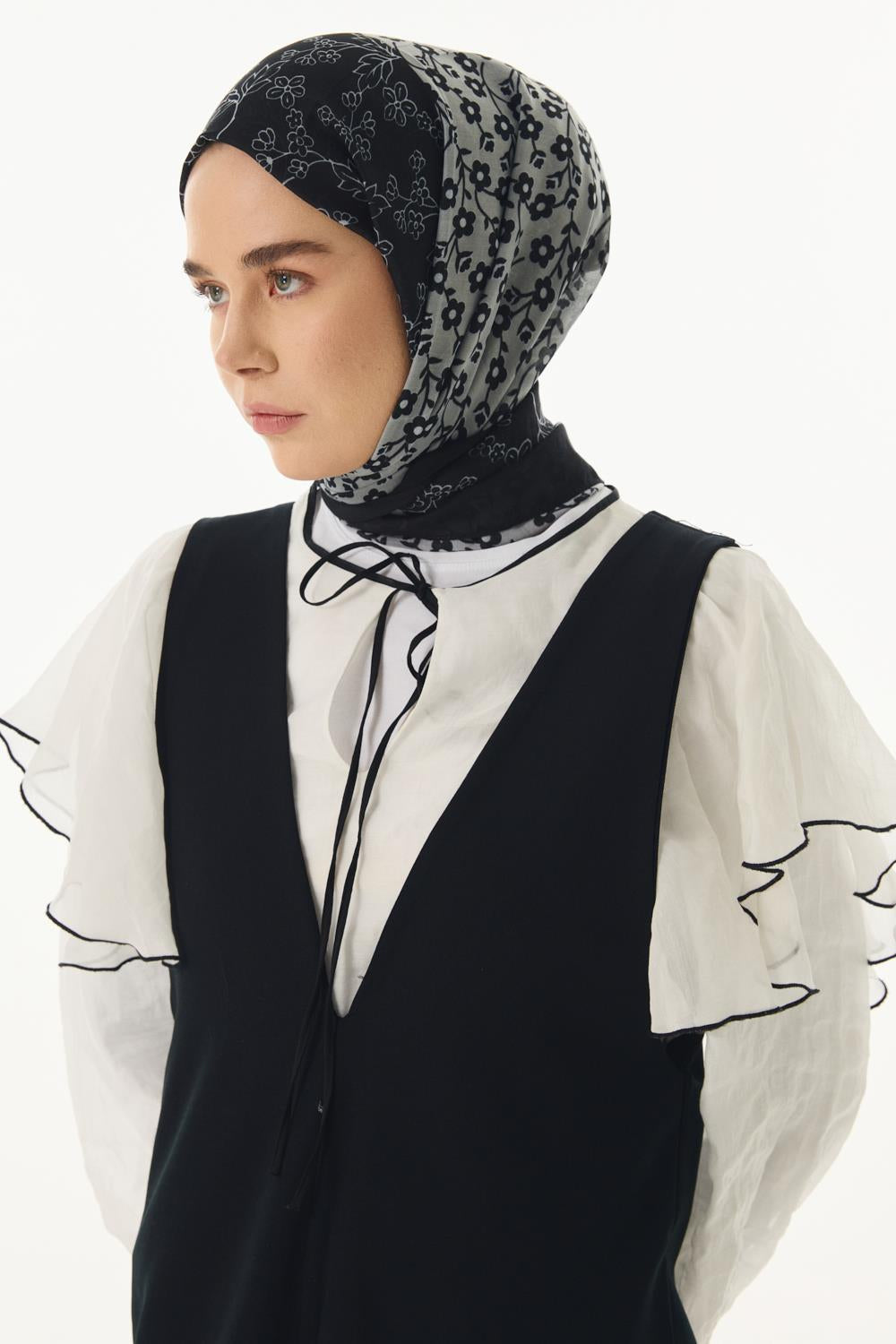 Gemma siyah papatya desen pamuklu şal | Renk: Siyah