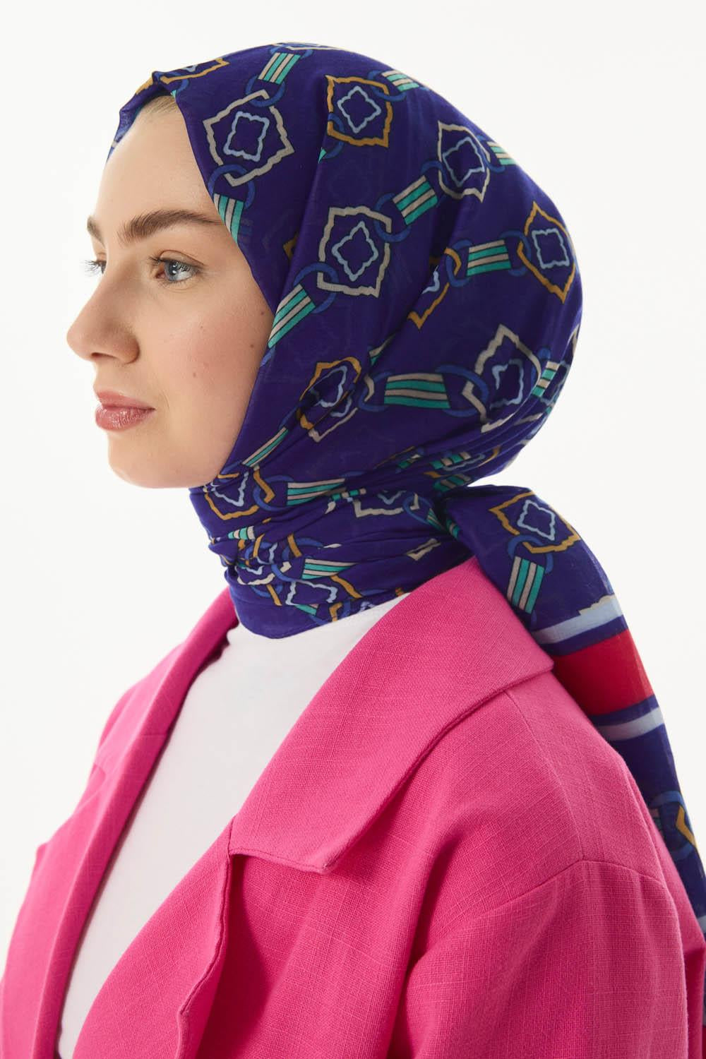 Gloria saks mavi küp desen pamuklu şal | Renk: Saks mavi