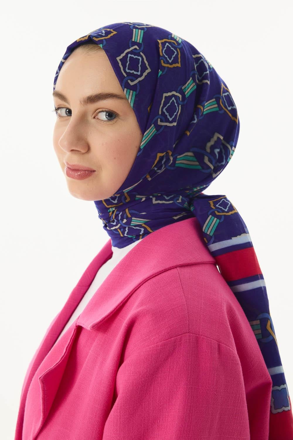 Gloria saks mavi küp desen pamuklu şal | Renk: Saks mavi