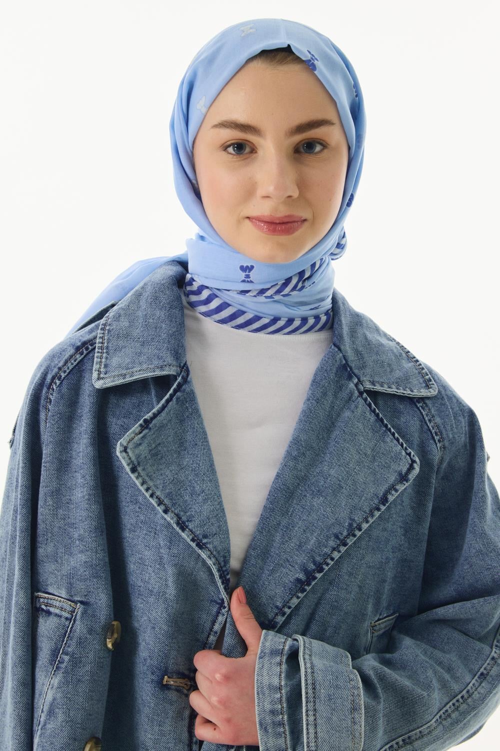 Holly bebe mavi fiyonk desen pamuklu şal | Renk: Bebe mavi