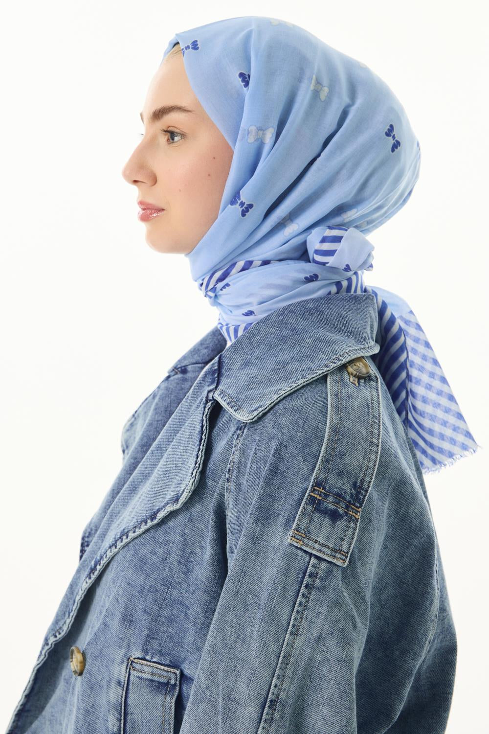 Holly bebe mavi fiyonk desen pamuklu şal | Renk: Bebe mavi