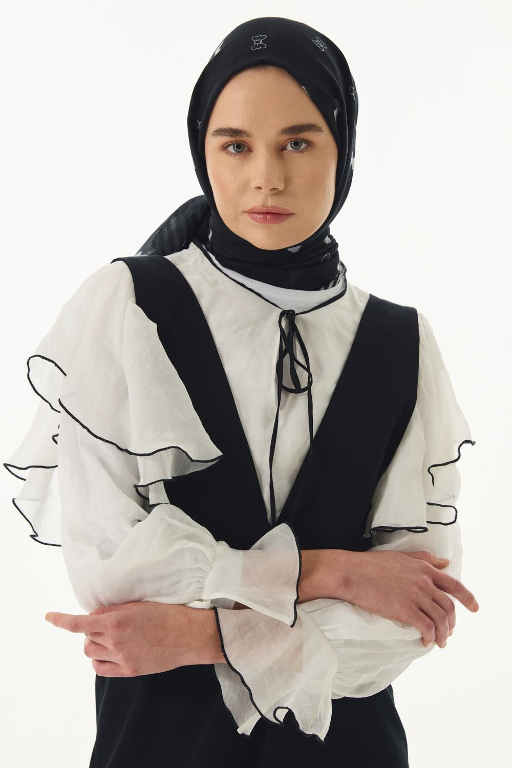 Holly siyah fiyonk desen pamuklu şal | Renk: Siyah