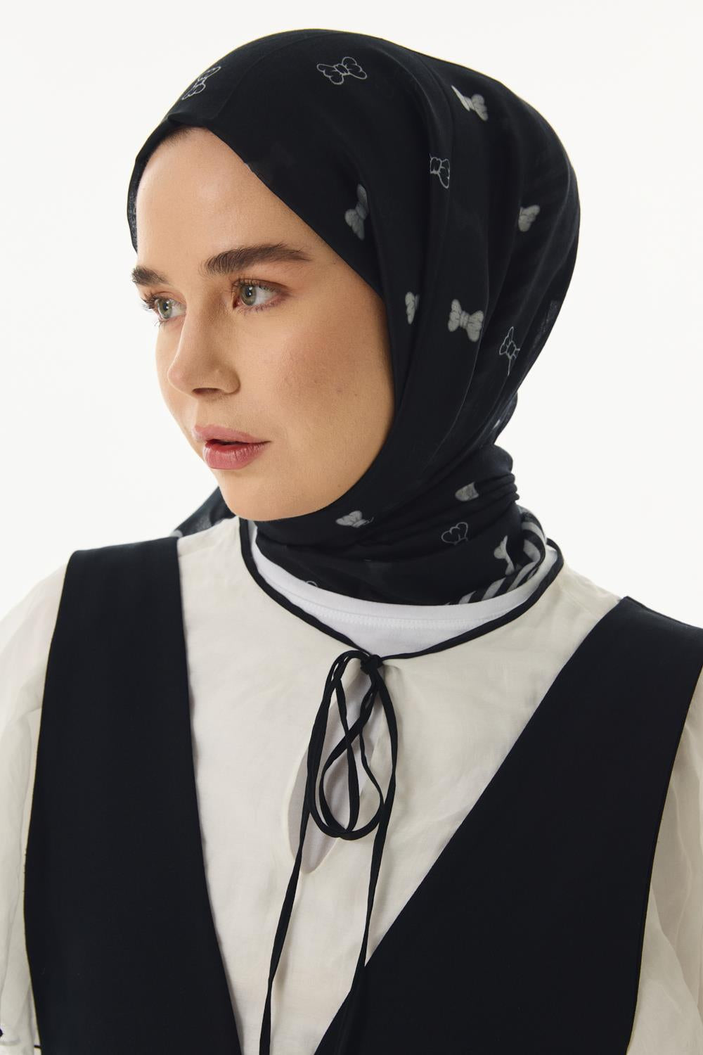 Holly siyah fiyonk desen pamuklu şal | Renk: Siyah