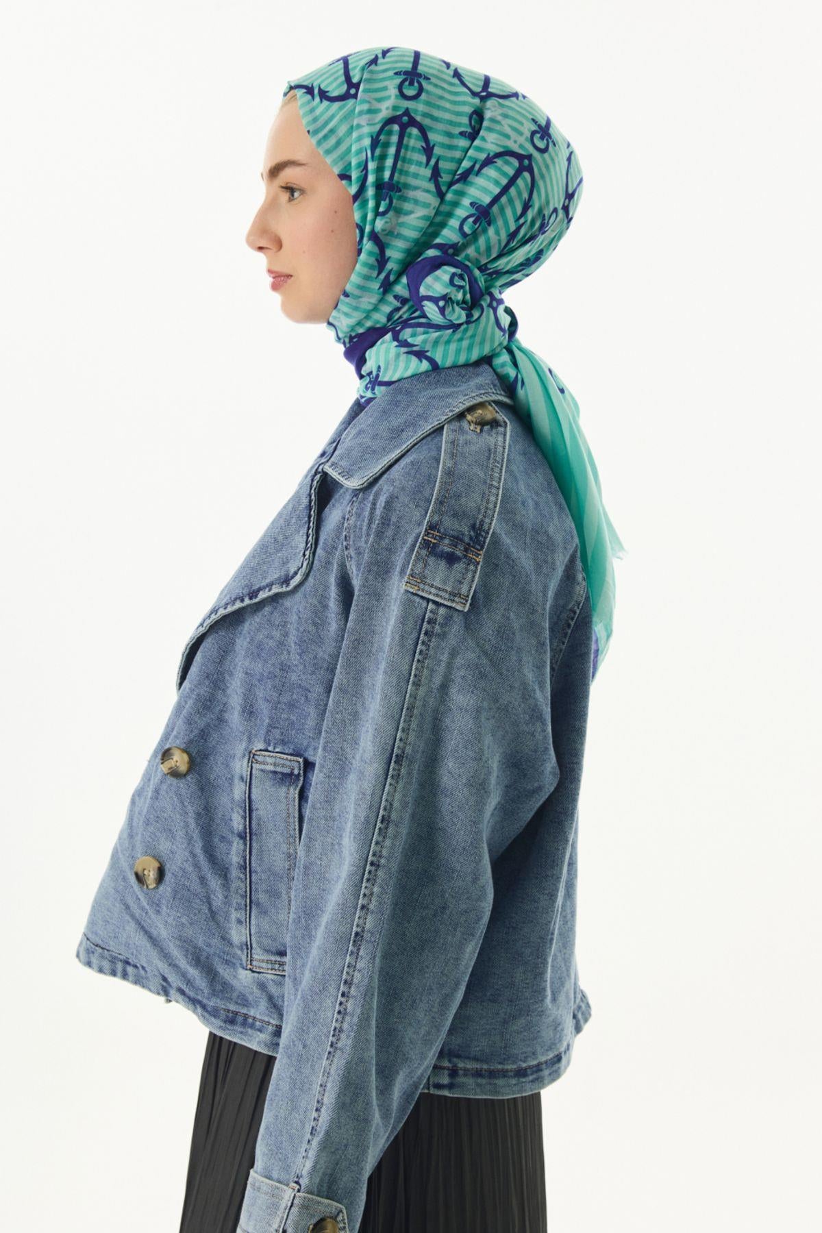 Hope mint yeşil çapa desen pamuklu şal | Renk: Mint yeşil