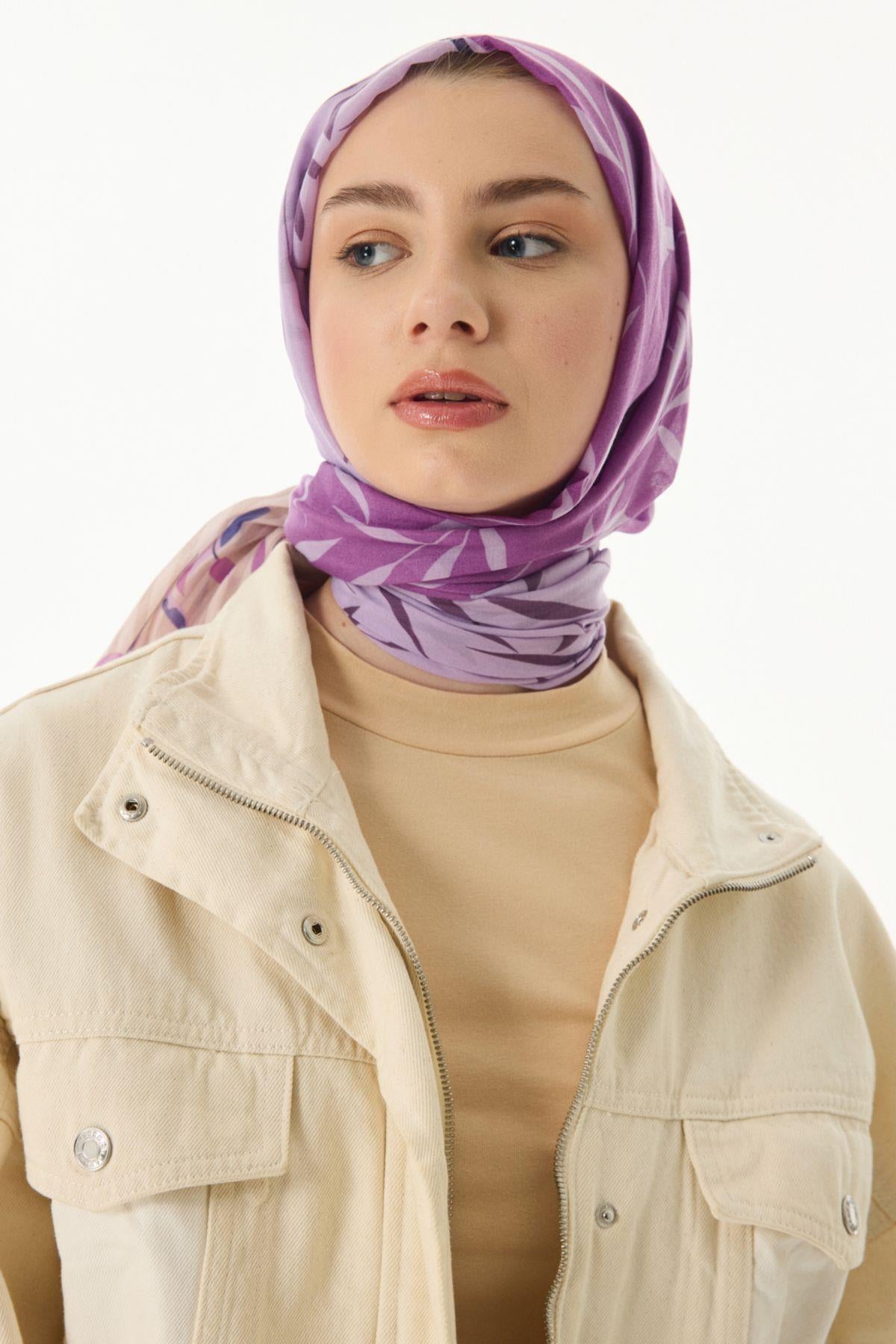 Ivy lila çizgi yaprak desen pamuklu şal | Renk: Lila