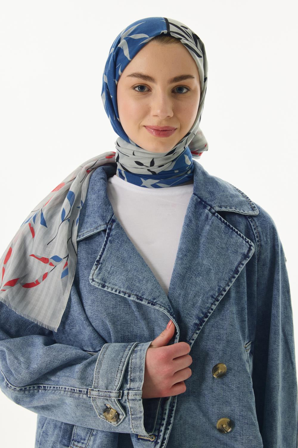 Ivy indigo çizgi yaprak desen pamuklu şal | Renk: İndigo