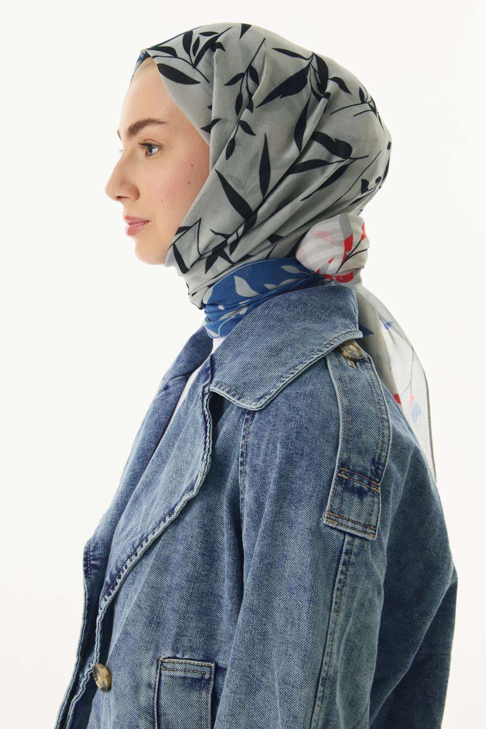 Ivy indigo çizgi yaprak desen pamuklu şal | Renk: İndigo