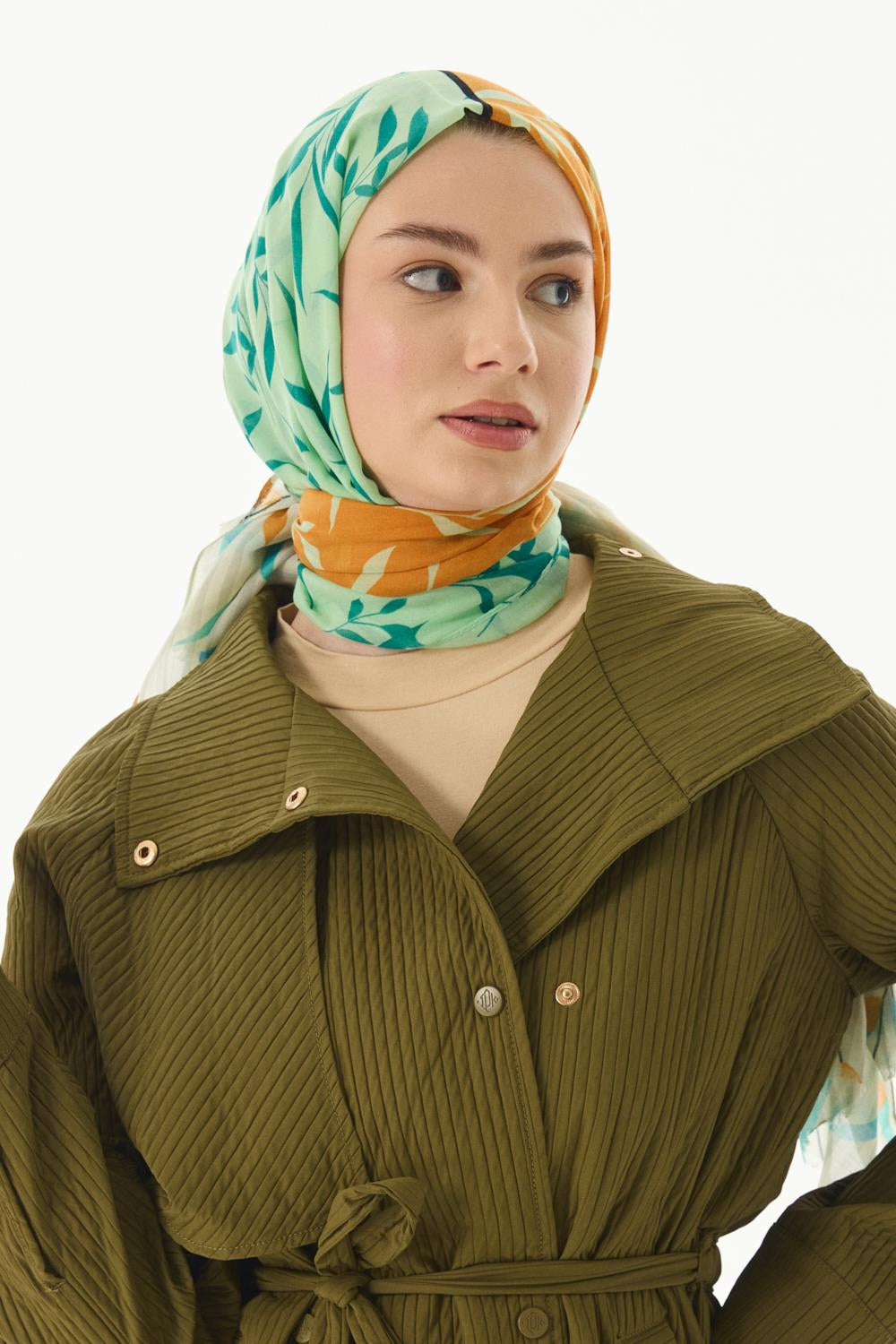 Ivy mint yeşil çizgi yaprak desen pamuklu şal | Renk: Mint yeşil