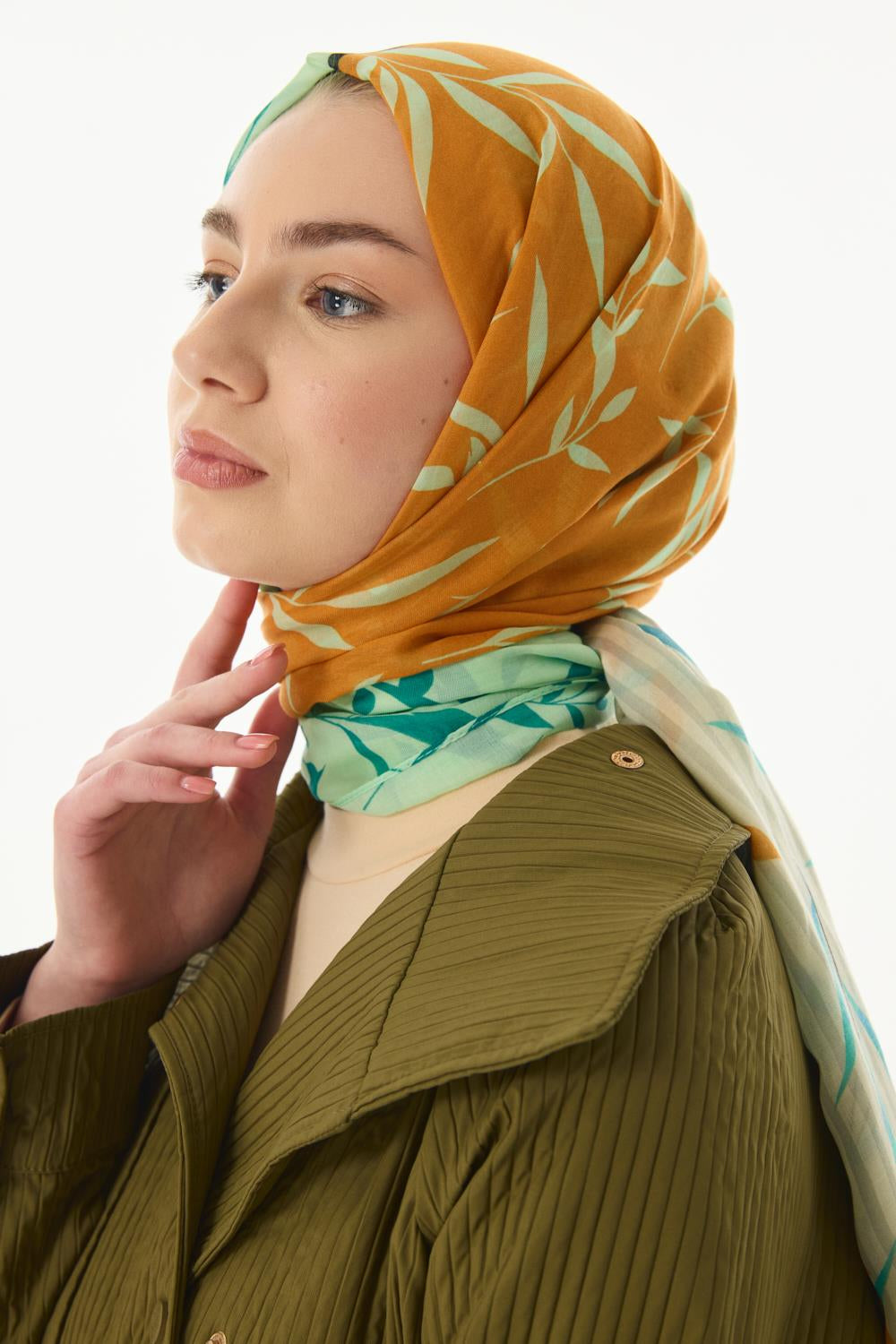 Ivy mint yeşil çizgi yaprak desen pamuklu şal | Renk: Mint yeşil