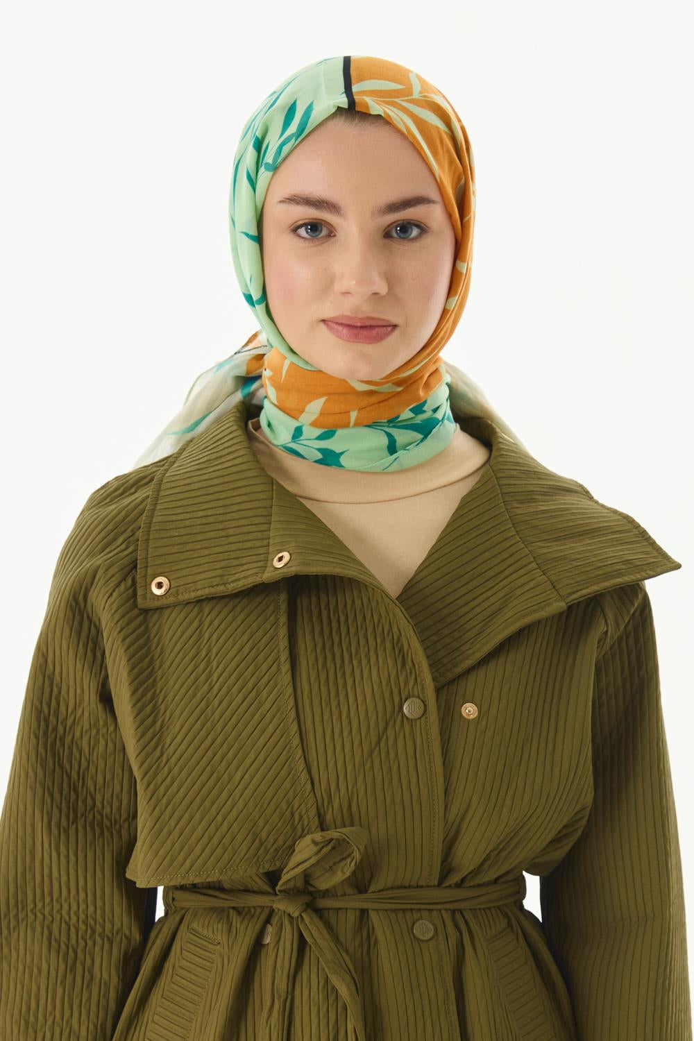 Ivy mint yeşil çizgi yaprak desen pamuklu şal | Renk: Mint yeşil