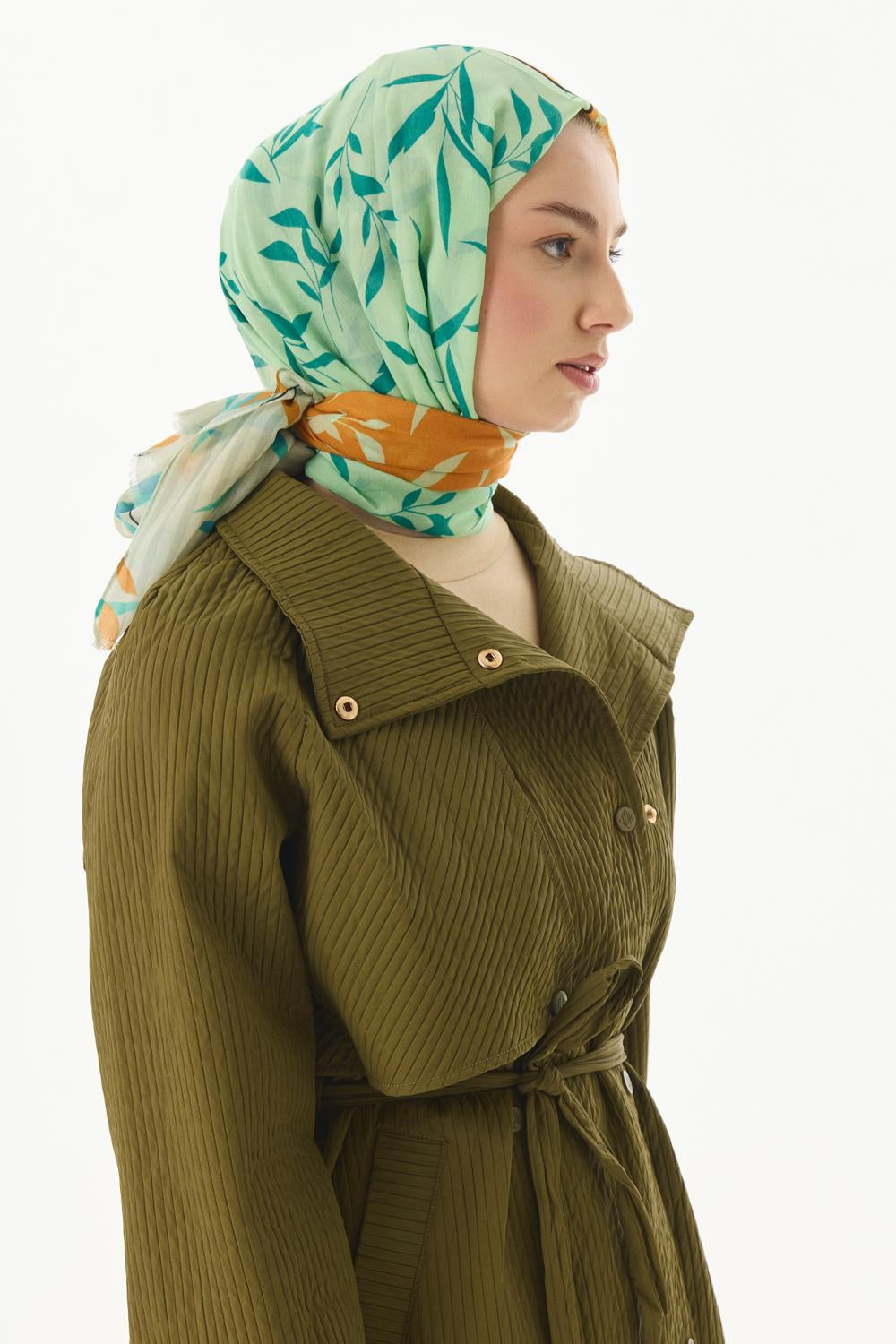 Ivy mint yeşil çizgi yaprak desen pamuklu şal | Renk: Mint yeşil