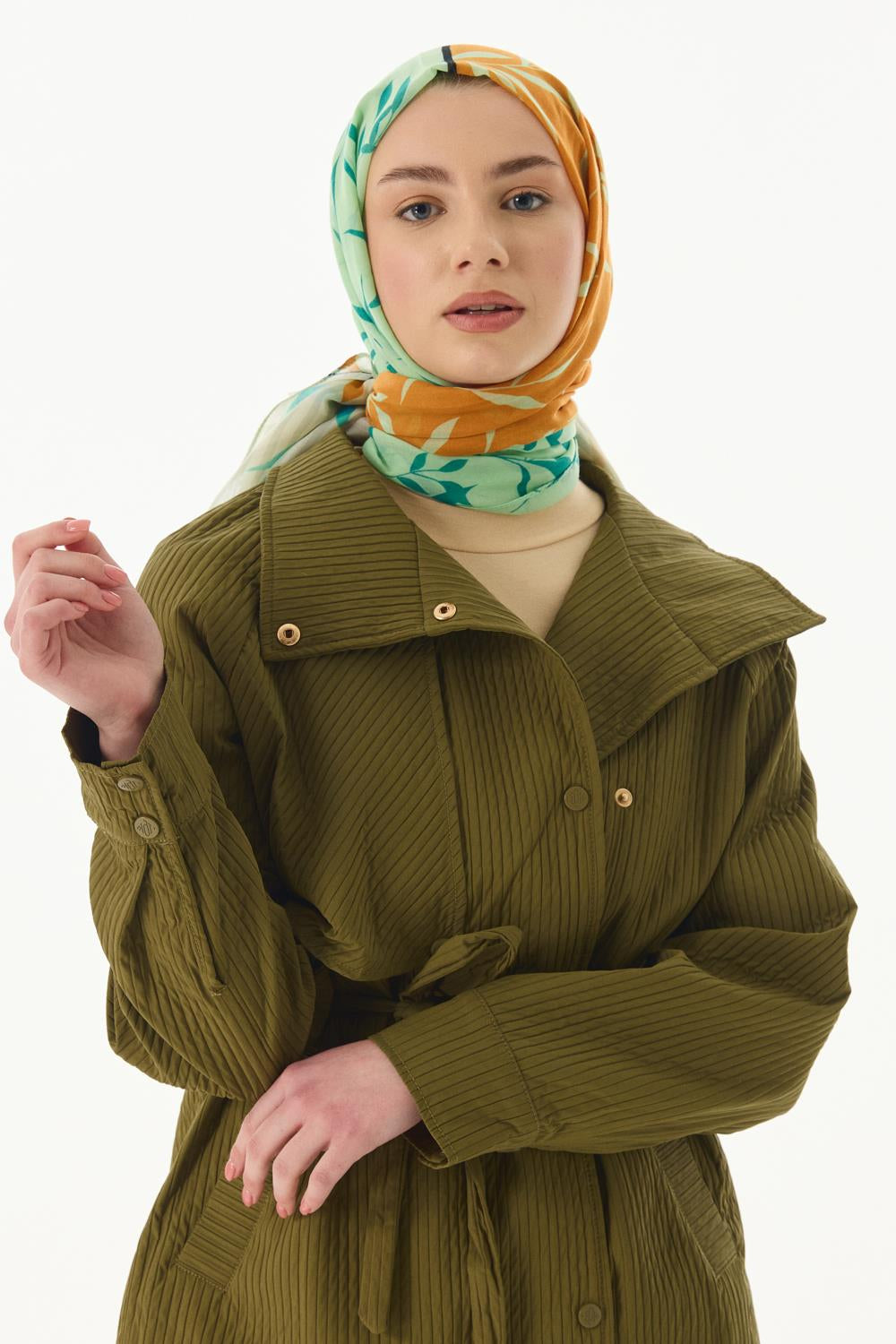 Ivy mint yeşil çizgi yaprak desen pamuklu şal | Renk: Mint yeşil