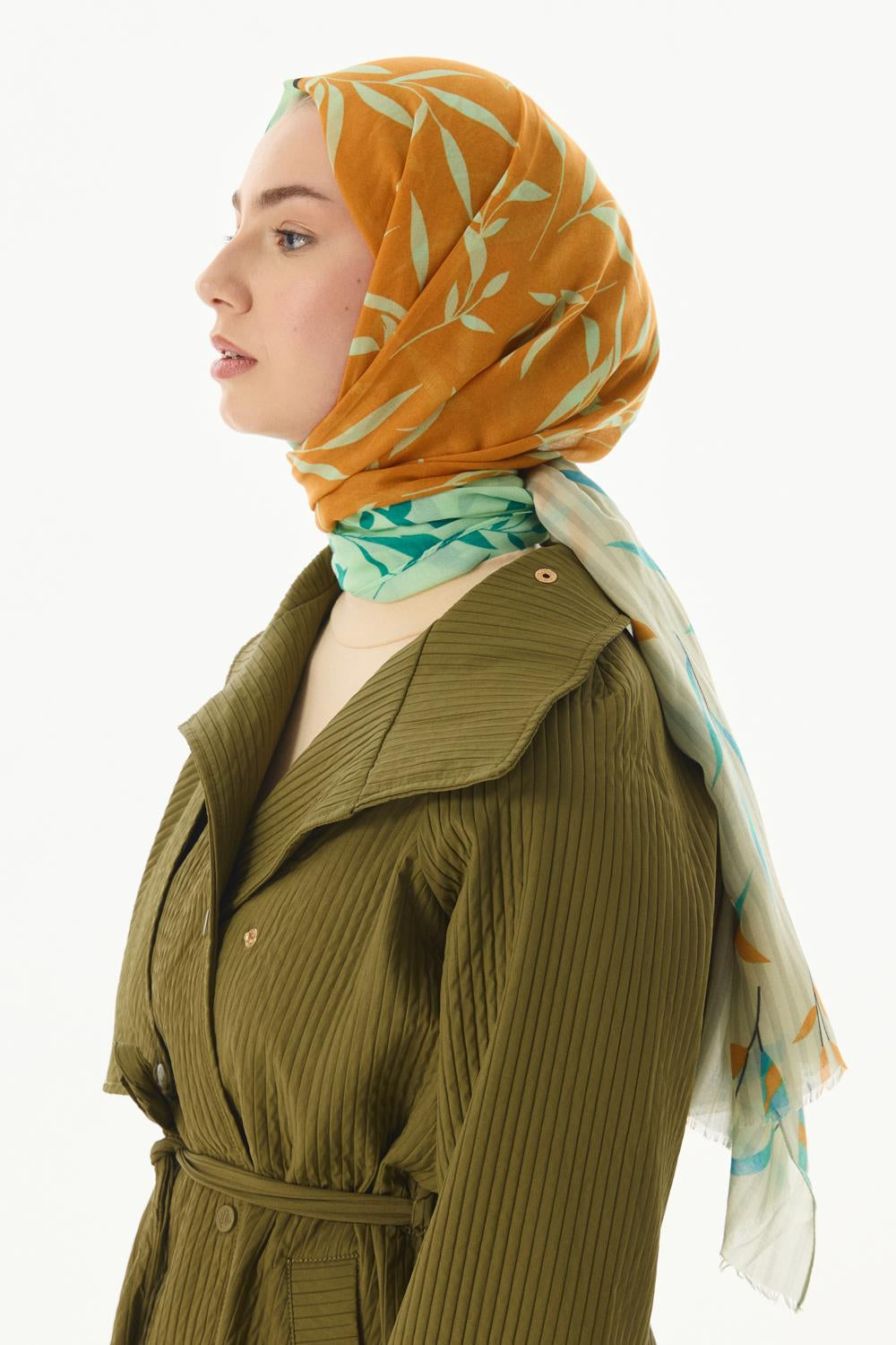 Ivy mint yeşil çizgi yaprak desen pamuklu şal | Renk: Mint yeşil