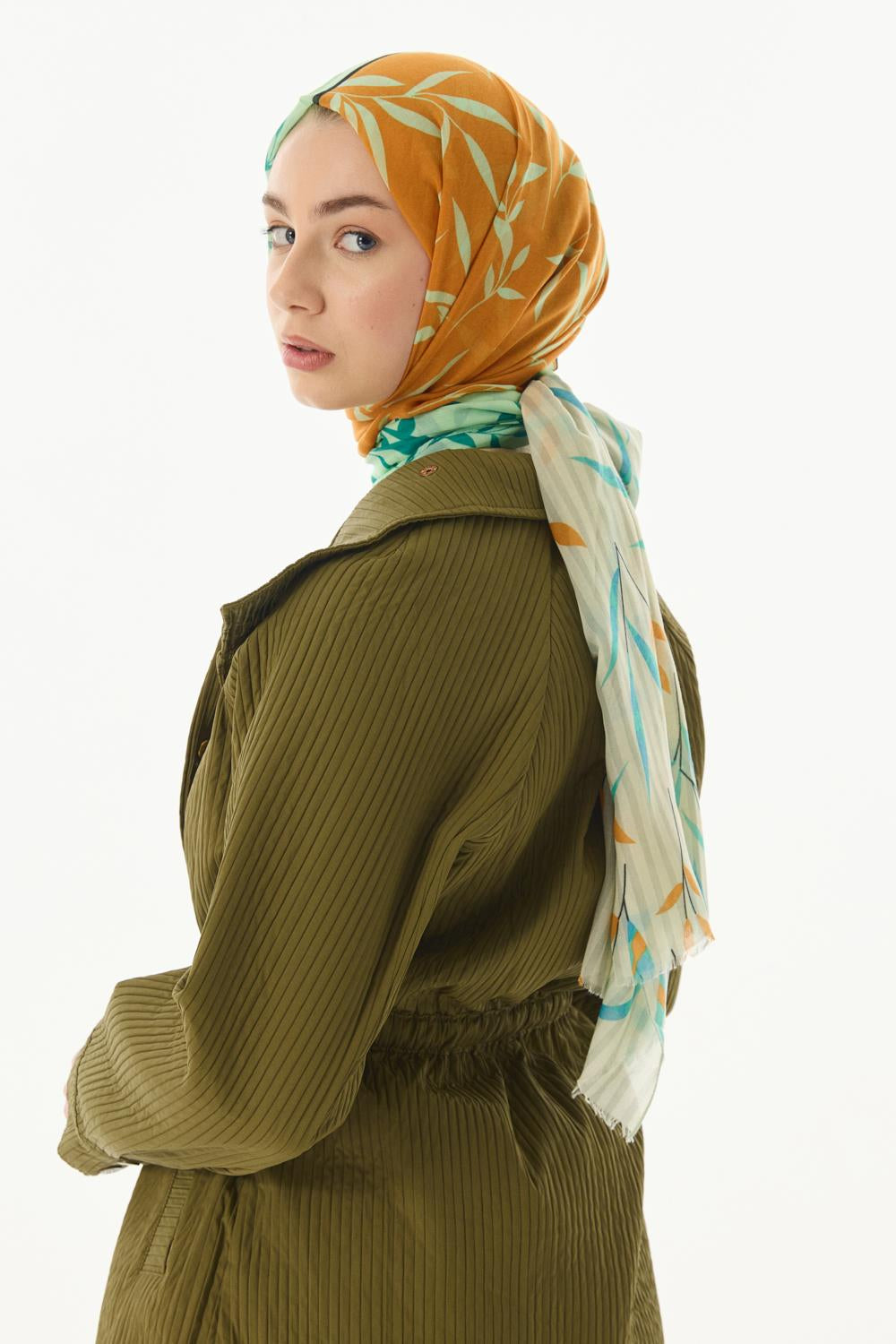Ivy mint yeşil çizgi yaprak desen pamuklu şal | Renk: Mint yeşil