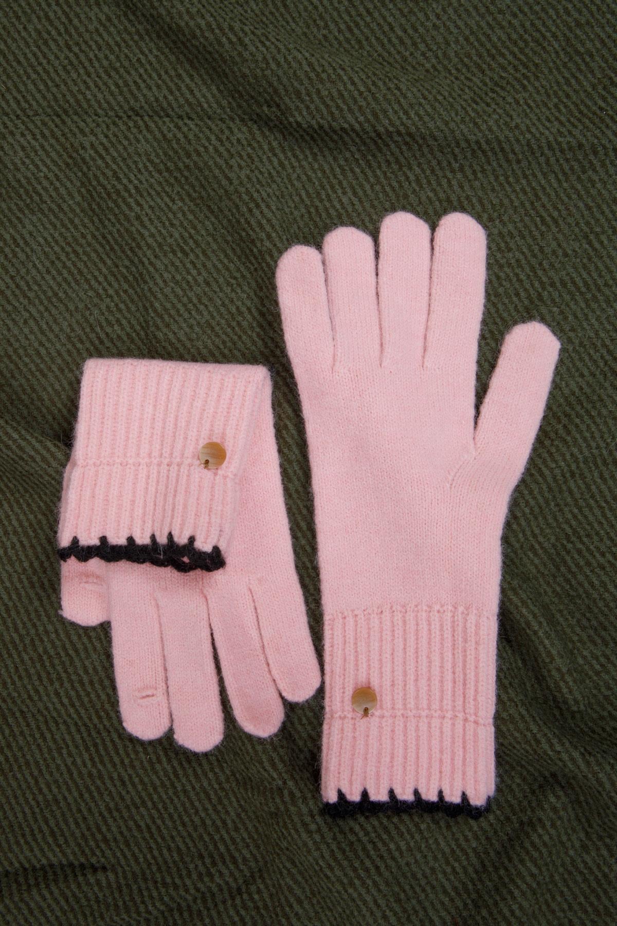Kenar nakışlı yün açık pembe eldiven | Renk: Açık pembe
