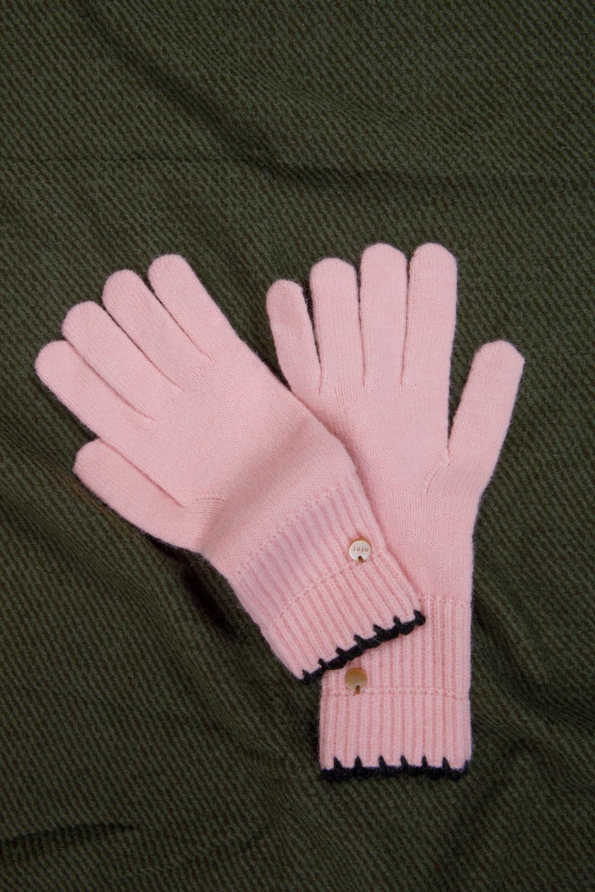 Kenar nakışlı yün açık pembe eldiven | Renk: Açık pembe