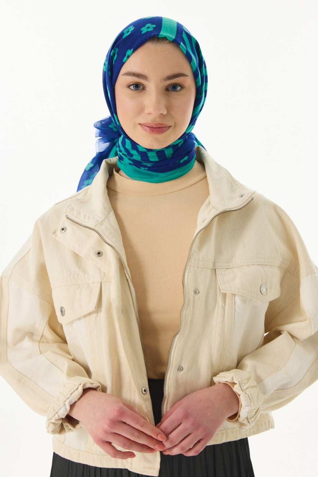 Lenora lacivert - mint çizgili papatya desen pamuklu şal | Renk: Lacivert-mint