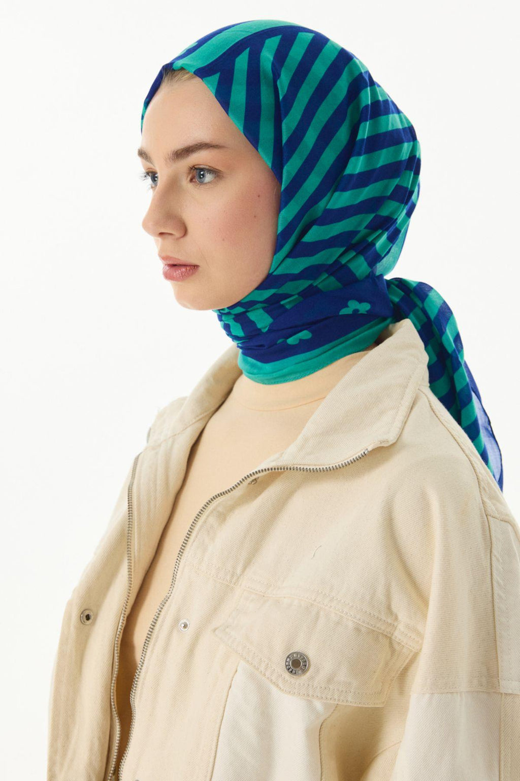 Lenora lacivert - mint çizgili papatya desen pamuklu şal | Renk: Lacivert-mint