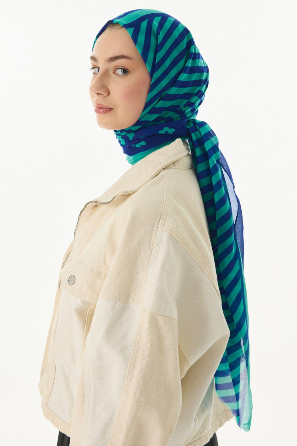 Lenora lacivert - mint çizgili papatya desen pamuklu şal | Renk: Lacivert-mint