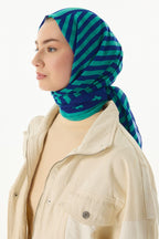 Lenora lacivert - mint çizgili papatya desen pamuklu şal | Renk: Lacivert-mint