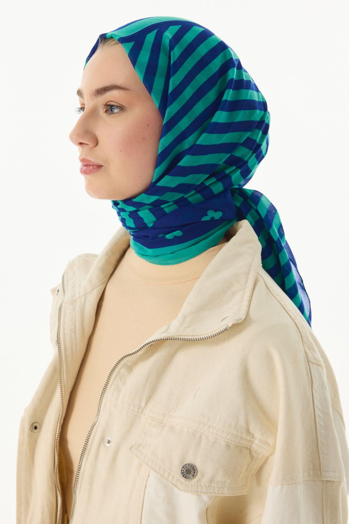 Lenora lacivert - mint çizgili papatya desen pamuklu şal | Renk: Lacivert-mint