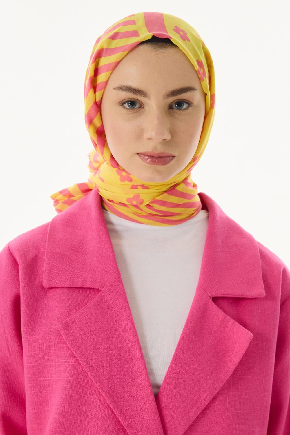 Lenora pembe-sarı çizgili papatya desen pamuklu şal | Renk: Pembe sarı
