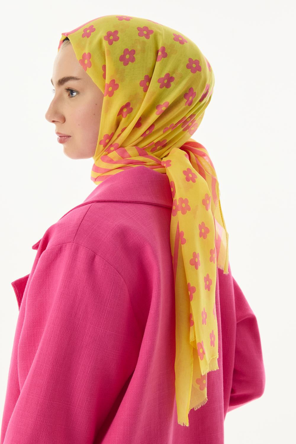 Lenora pembe-sarı çizgili papatya desen pamuklu şal | Renk: Pembe sarı
