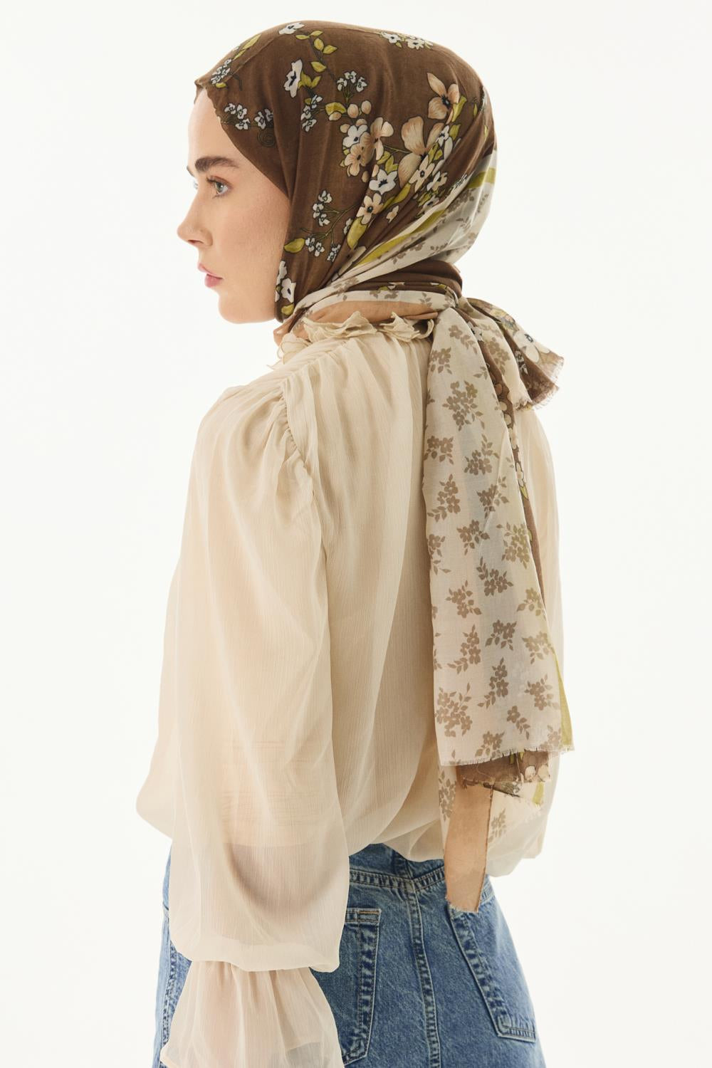 Lilac kahverengi çiçek desen pamuklu şal | Renk: Kahverengi