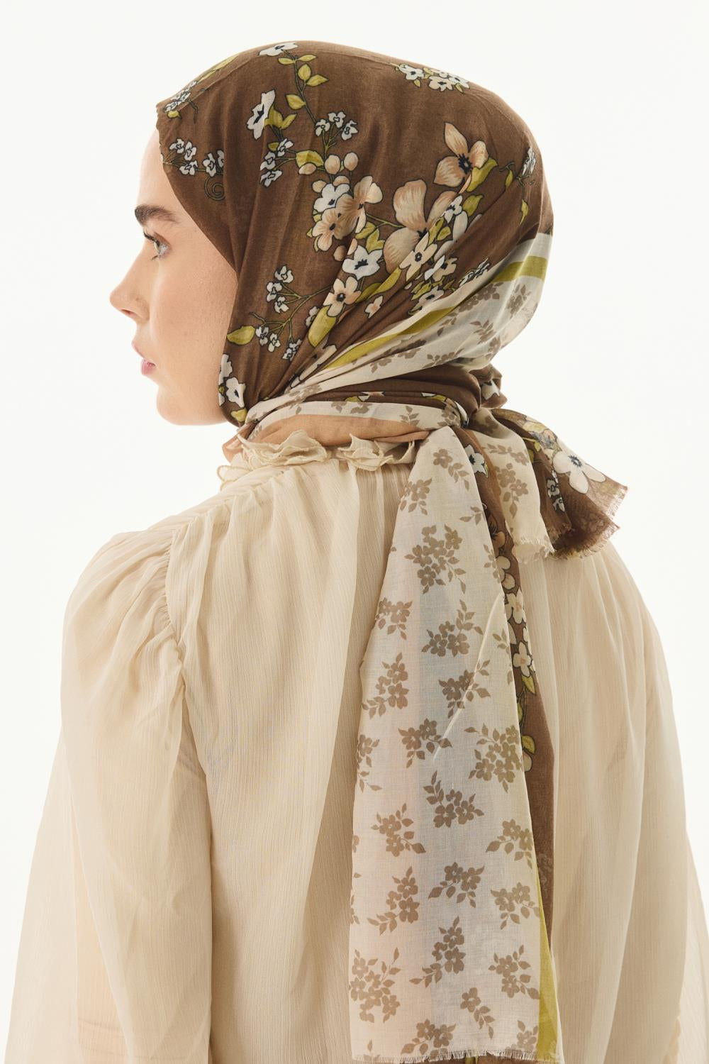 Lilac kahverengi çiçek desen pamuklu şal | Renk: Kahverengi