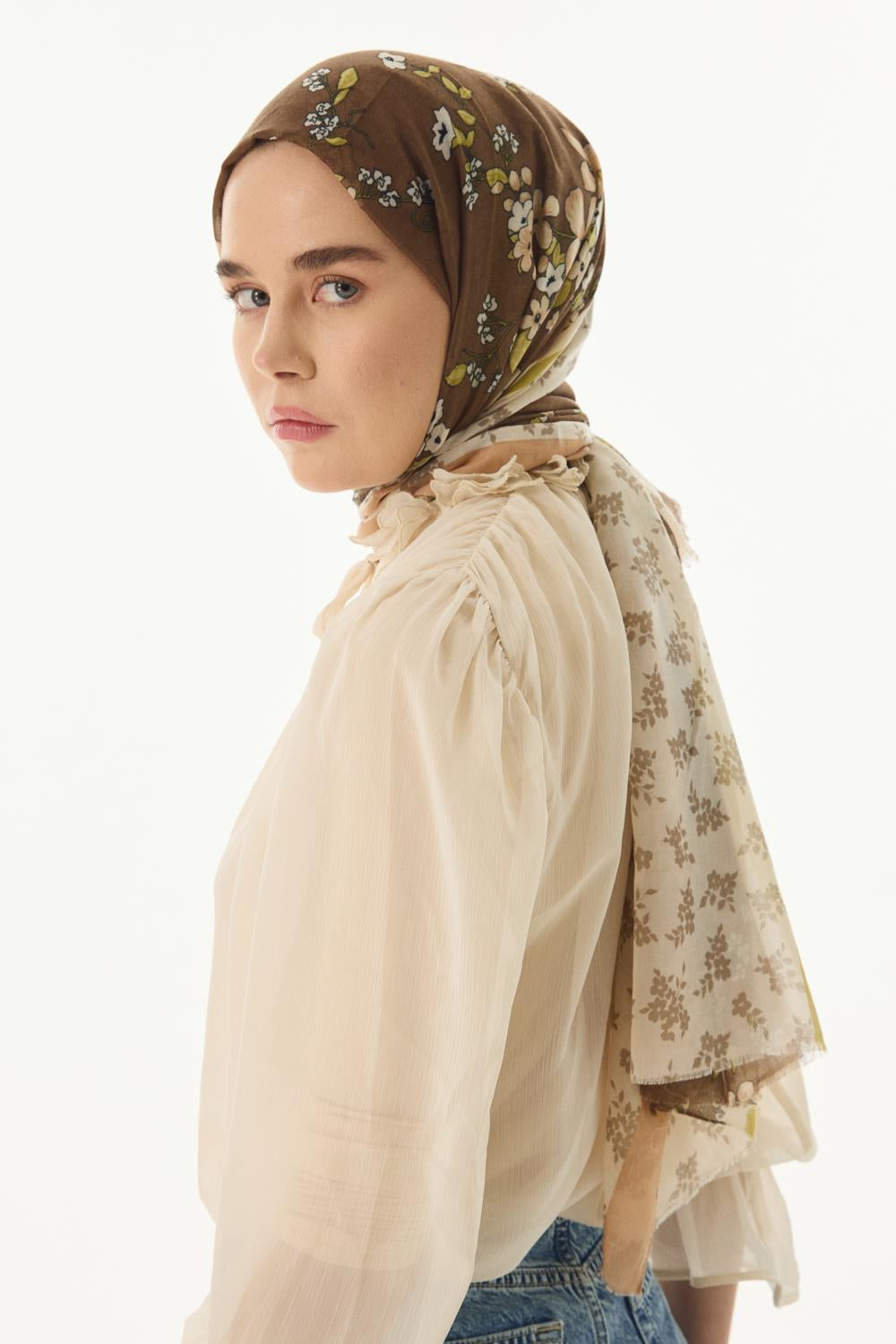 Lilac kahverengi çiçek desen pamuklu şal | Renk: Kahverengi