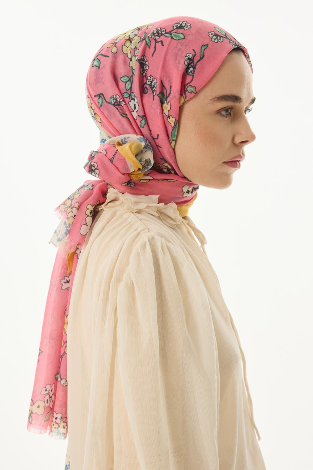Lilac şeker pembe çiçek desen pamuklu şal | Renk: Şeker pembe